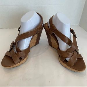 SOFFT 11M dark tan cork wedges leather accent